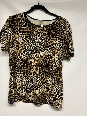JM Collection Leopard-Print Short Sleeve Top in Brown and Black